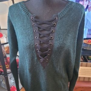 Express Green Sweater Speckled with a Black Outline low cut